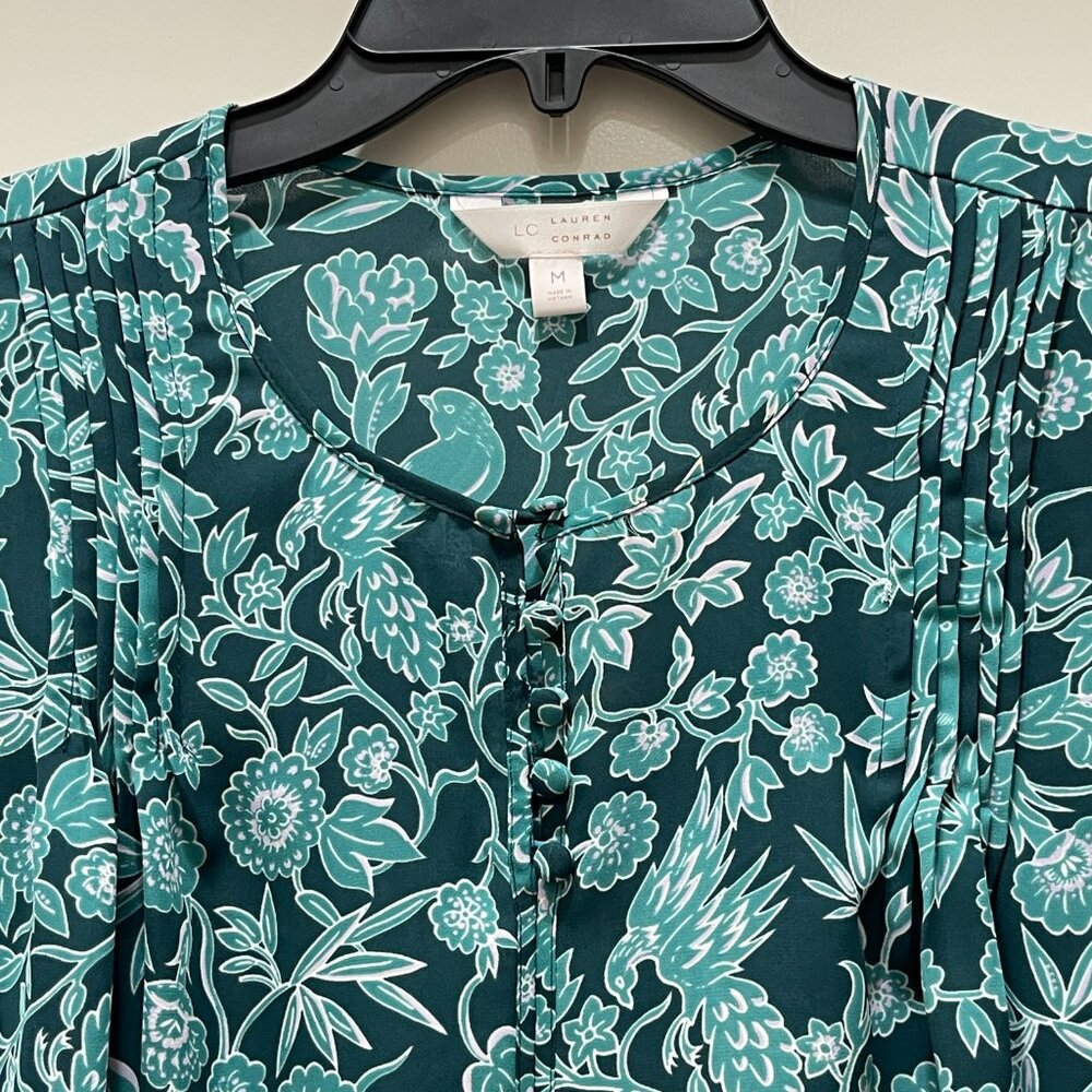 Lauren Conrad Blouse Top Teal Blue Green Floral Medium - Picture 2 of 9